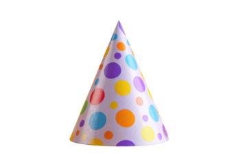 Purple party hat with colorful polka dots on black background birthday celebration, Png On White Background, Isolated on Transparent Background, Cut Out