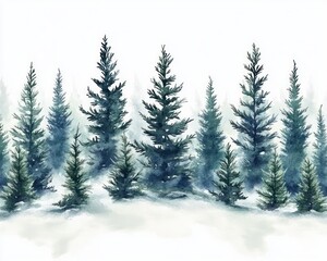 A peaceful winter scene featuring a group of evergreen trees standing tall with snow covering the ground, evoking calm and serenity in a misty atmosphere