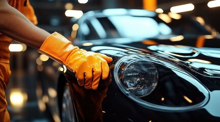 person wearing orange gloves polishing a shiny black car headlight in a well-lit indoor space