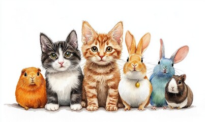Six adorable small pets including two kittens, two rabbits, and two guinea pigs sitting in a row with curious and calm expressions
