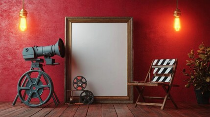 Vintage film projector and director's chair with a blank picture frame on wooden floor against a textured red wall illuminated by warm hanging light bulbs