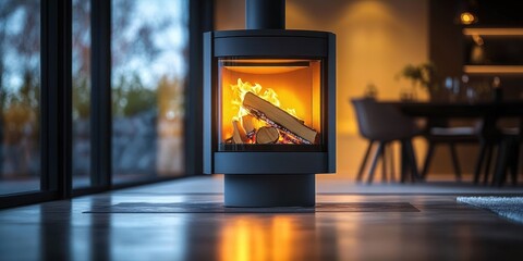 Modern cylindrical indoor wood-burning stove lit with firewood inside a cozy contemporary living room with large windows and ambient lighting