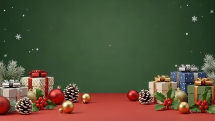 Festive christmas gifts and decorations on a red surface with green background