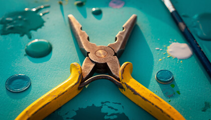Close-up view of a pair of yellow-handled pliers on a turquoise surface with paint splatters