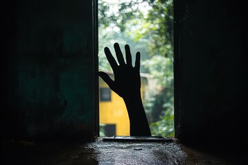 silhouette of a raised hand reaching through a small window with a blurred green natural background and some yellow structure visible