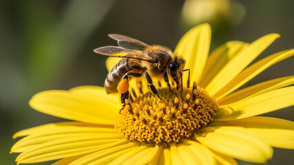 A detailed macro shot of a honeybee collecting pollen from a yellow flower under warm sunlight.