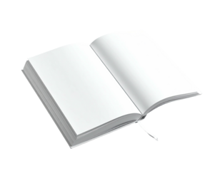 Open book illustration with blank pages, slight shadows, and a bookmark