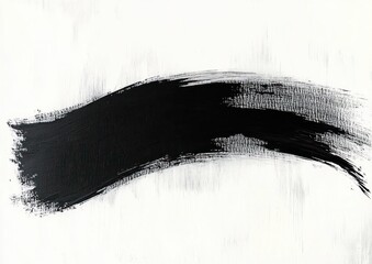Wide black brushstroke with textured edges on a white canvas conveying simplicity and boldness