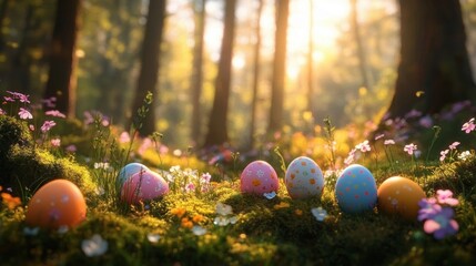 Colorful decorated Easter eggs nestled in green moss surrounded by small pink and white flowers in a sunlit forest clearing