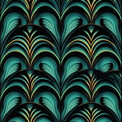 Seamless repeating abstract pattern with teal and yellow curved feather-like shapes creating a symmetrical layered design