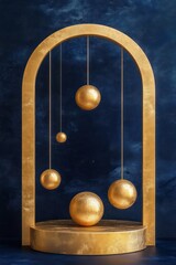 Golden spherical objects suspended by thin strings within a gold arch frame on a circular gold pedestal against a dark blue textured background, evoking elegance and balance