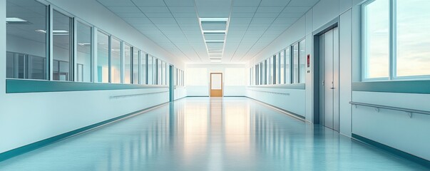 Bright and empty hospital corridor with smooth reflective floor, windows on one side, closed doors, ceiling lights, and a calm atmosphere