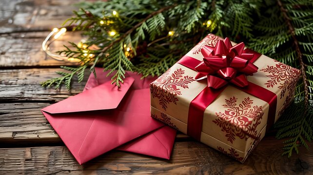 Festive christmas gift box with red ribbon and snowflake pattern next to red envelopes and evergreen branches on rustic wooden background - Powered by Adobe