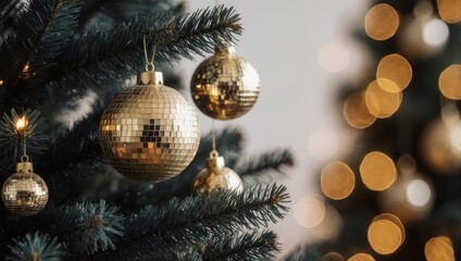 Close up of golden Christmas ornaments on a decorated evergreen tree with bokeh lights.