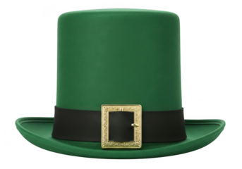 A vibrant green leprechaun top hat with a black band and gold buckle isolated on transparent background for st patricks day celebration