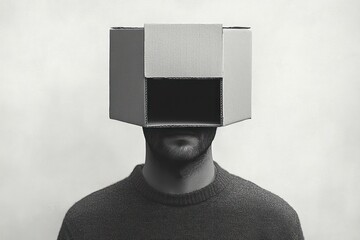 monochrome image of a person wearing a dark sweater with a large open cardboard box covering their head, conveying a sense of anonymity and isolation