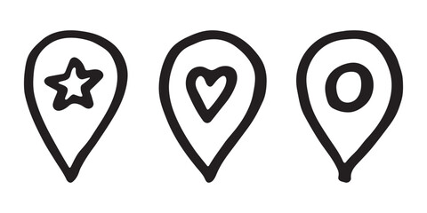 Set of hand drawn map pin Map marker pointer sign GPS and mapping tools Location pin symbol Pinpoint clipart in doodle style Single element for web, design