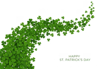 A dynamic wave of vibrant green shamrocks flowing diagonally across a transparent background with happy st patricks day text, isolated on transparent background