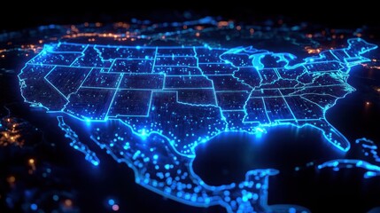 Glowing digital map of the United States with illuminated state borders and bright light dots representing cities and population centers at night