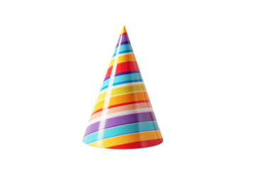 Colorful striped party hat on black background with studio lighting birthday celebration, Png On White Background, Isolated on Transparent Background, Cut Out