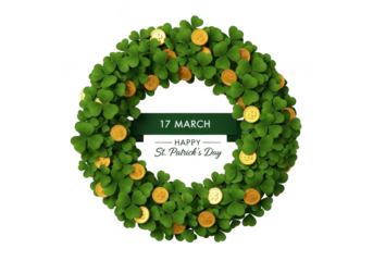 St patricks day wreath made of shamrock clover leaves and gold coin decoration with text message isolated on transparent background