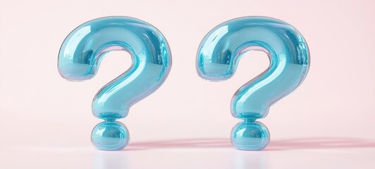 Two large translucent blue question marks standing side by side on a smooth white surface with a soft pink background, symbolizing curiosity and uncertainty