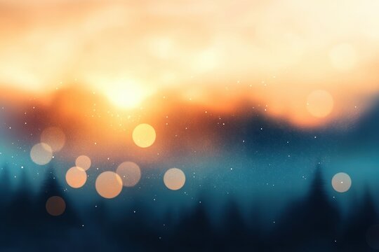 soft glowing orbs of light against a blurred forest and mountain backdrop at sunset creating a peaceful and dreamy atmosphere