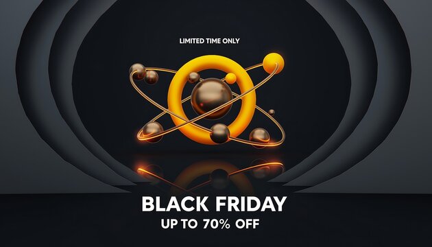 Futuristic black friday sale advertisement featuring a glowing atomic structure with up to 70 percent off discount