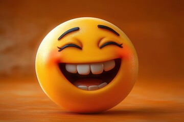 Fototapeta premium Close-up of a bright yellow round face with closed eyes, raised eyebrows, blushing cheeks, and a wide open laughing mouth showing teeth expressing joy and happiness
