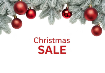 Festive border of frosted pine branches decorated with shiny red christmas baubles hanging above the words christmas sale isolated on transparent background