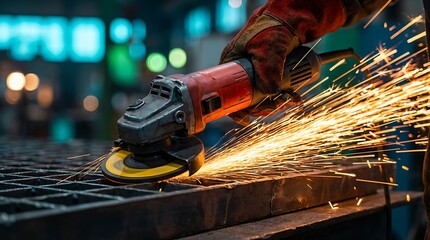 Close up of a worker using an angle grinder to cut metal creating a shower of bright orange sparks in a workshop