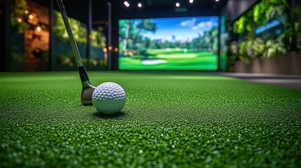 Close-up view of a golf club and golf ball on artificial green turf with a large screen displaying a golf course in an indoor setting