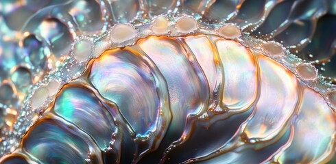 Close-up macro photograph of the iridescent, multicolored inner surface of a seashell with detailed smooth and ridged patterns