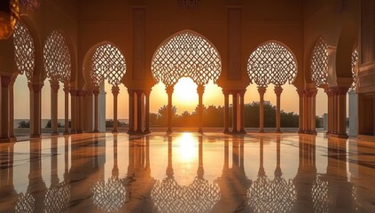 Sunset shining through ornate arched windows of an elegant architectural hall with reflective marble floor and intricate lattice patterns