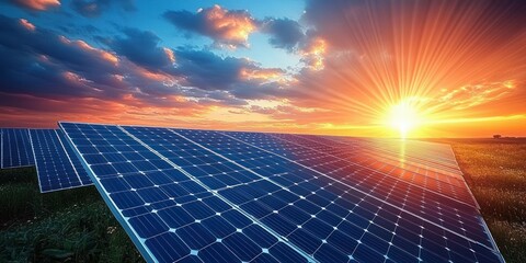 Expansive solar panel array reflecting vibrant sunrise with dramatic sky and colorful clouds over green grass field, symbolizing clean and renewable energy