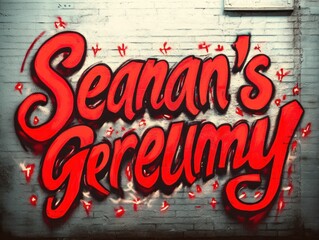 Vibrant red and black graffiti text painted on a gray brick wall with decorative small red accents around the letters