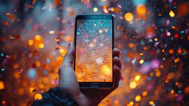 Hand holding smartphone displaying raindrops with blurred colorful celebratory confetti and lights in background - Powered by Adobe