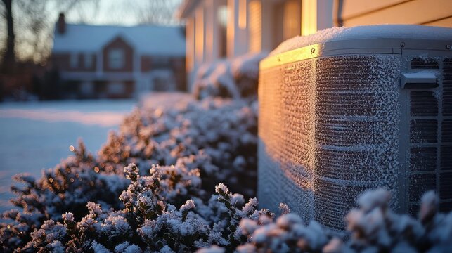 frost-covered air conditioner unit next to house wall with snow-covered shrubs and houses in background during golden hour winter morning