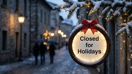 Charming oval sign declares closed for holidays with festive red bow on snowy european street at dusk