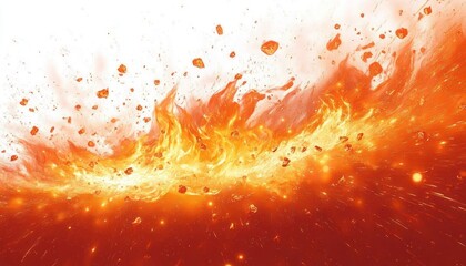 intense fiery explosion with bright orange flames and glowing embers bursting against a light background