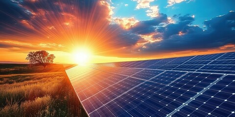 Vibrant sunset over a large solar panel field with a lone tree amidst grassy landscape and colorful dramatic clouds in the sky