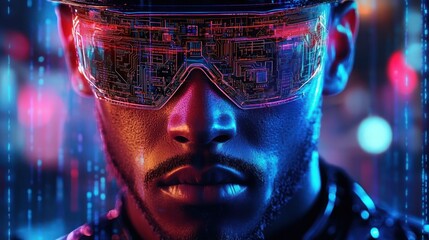 Close-up of a man wearing futuristic digital glasses reflecting red and blue circuit board patterns with glowing neon lights in the background creating a high-tech cybernetic atmosphere