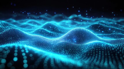 Dynamic glowing blue particles forming smooth wave-like patterns and floating dots in a dark space conveying motion and futuristic energy