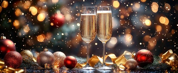 Two champagne flutes filled with sparkling wine surrounded by red and gold Christmas ornaments and festive golden ribbon with warm bokeh lights in the background