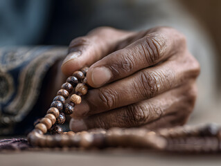 Close up of elderly hand gently holding wooden prayer beads, showing textured skin and intricate details, evoking sense of peace, spirituality, and tradition