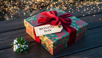 Festive boxing day gift box with red ribbon and tag sits on rustic wooden surface with blurred bokeh lights background