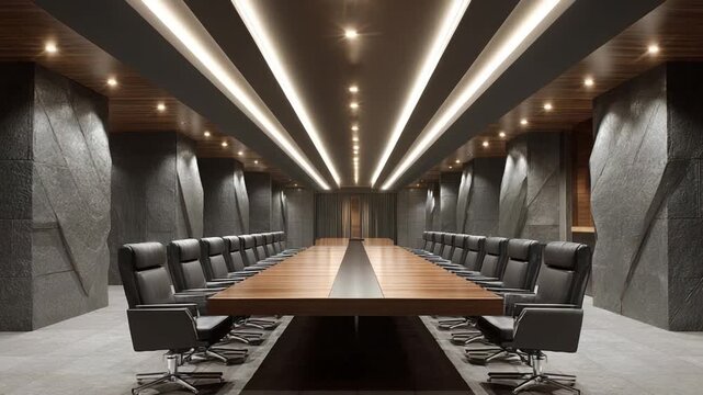 hyper-realistic brutalist boardroom carved in monolithic stone, LED-lit ceiling channels, symmetrical vanishing lines guiding toward center, long-exposure glowing haze