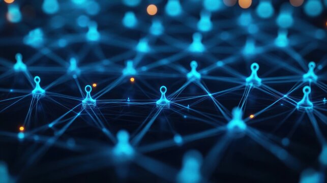 Abstract digital network with interconnected glowing blue nodes and connecting lines on a dark background conveying connectivity and data flow - Powered by Adobe