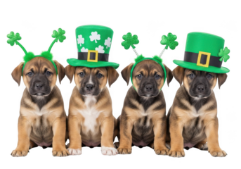 Four cute mixed breed puppies wearing green st patrick day hats and headbands sitting together isolated on transparent background