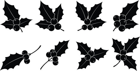 Set of eight black holly leaves and red berry silhouette illustrations, simple monochrome vector icons collection for Christmas, winter, decorative corners, border design, and festive holiday projects © MONIRUZZAMAN
